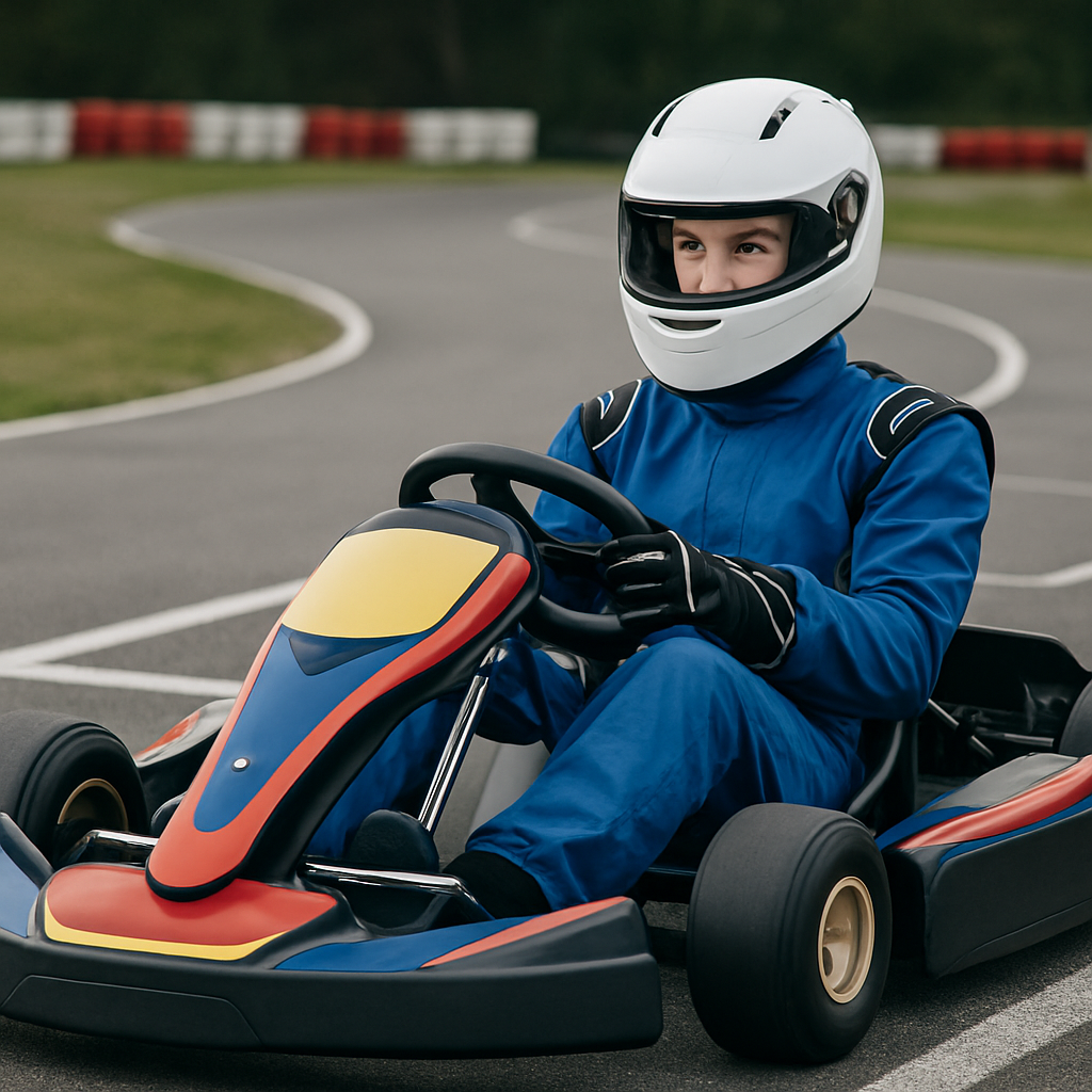 Pilote de karting débutant équipé d'un casque, d'une combinaison et de gants homologués, prêt sur la grille de départ