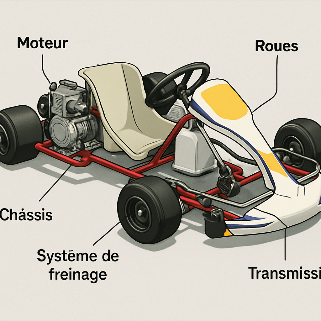 Schéma d’un kart de compétition avec repérage des principales pièces détachées : moteur, châssis, système de freinage, transmission, roues et direction.